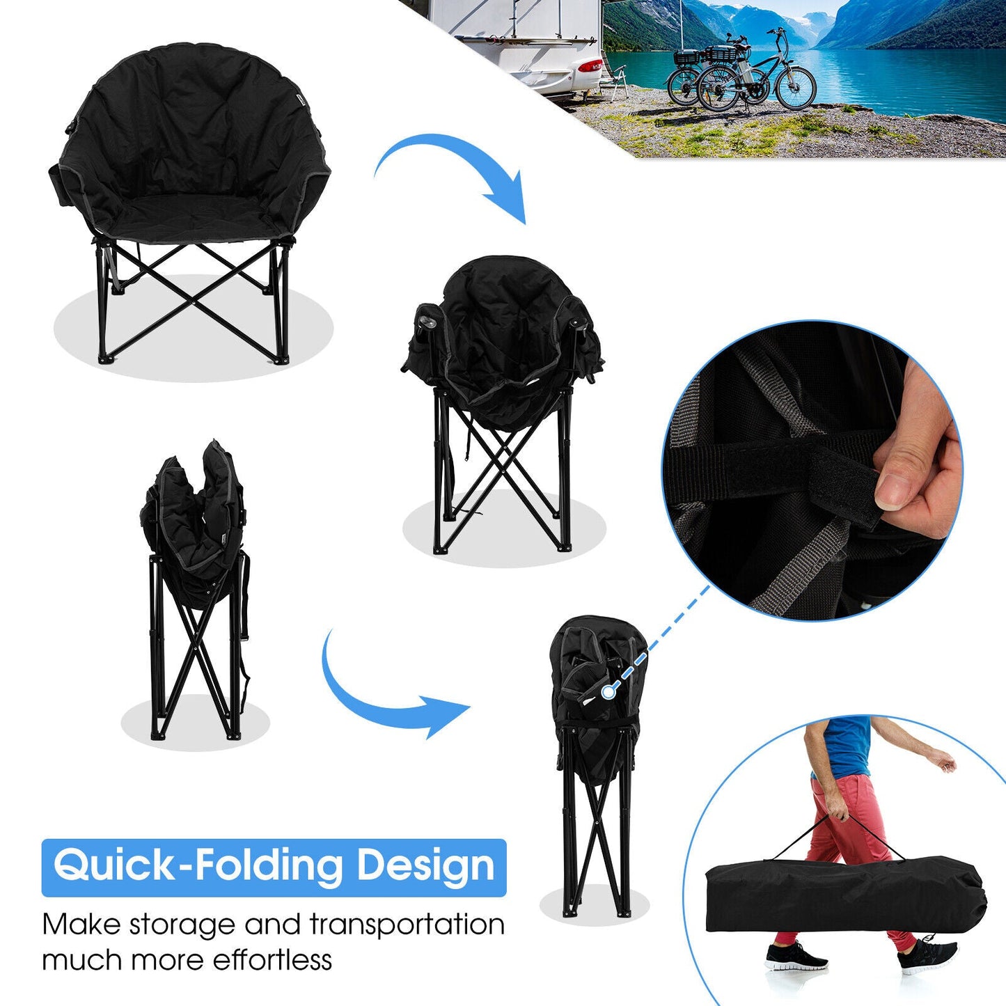 Folding Camping Moon Padded Chair by GemGear, black padded seat, carrying bag on Tampa Home & Garden Store