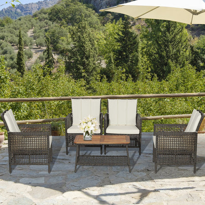 Juego de muebles de patio de ratán de 5 piezas con cojines, sofá y mesa auxiliar de madera - Blanco roto