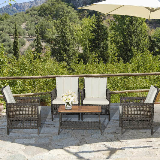 5 Pieces Patio Rattan Furniture Set Cushioned Sofa Armrest Wooden Tabletop-Off White - Tampa Home & Garden Store