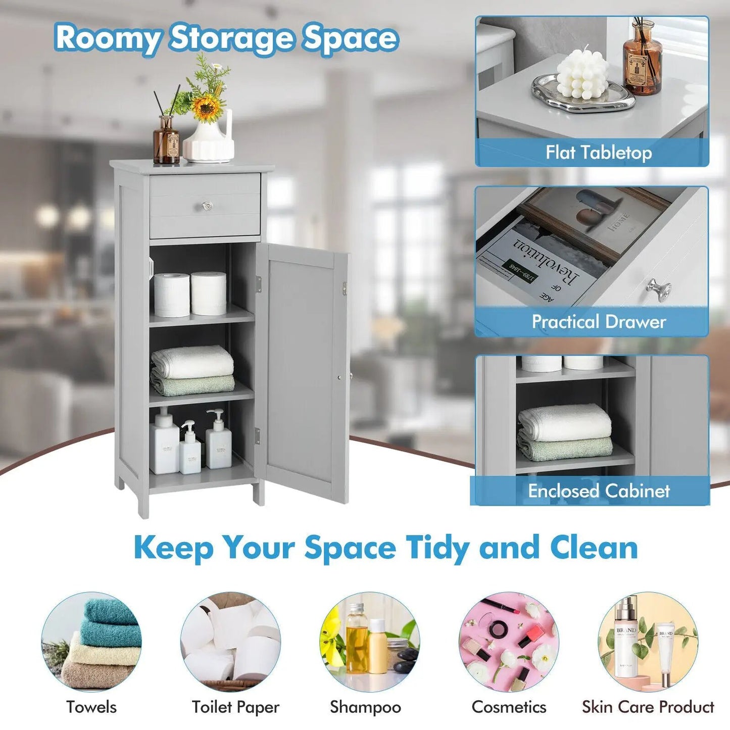 Wooden Bathroom Floor Storage Cabinet With Drawer