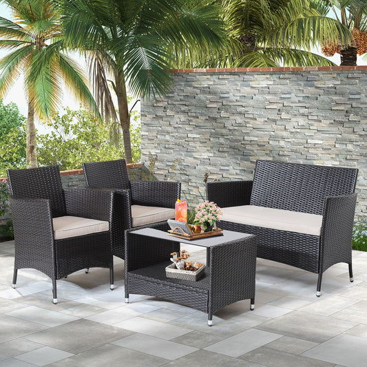 4 Pieces Patio Conversation Set with Soft Cushions and Tempered Glass Tabletop - Tampa Home & Garden Store