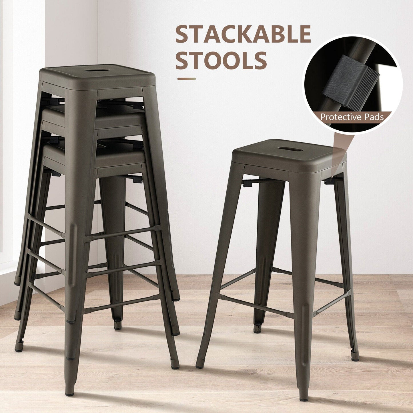 DirectDeals 30 Inch Bar Stools with square seats and handle hole, stackable gray stools on Tampa Home & Garden Store
