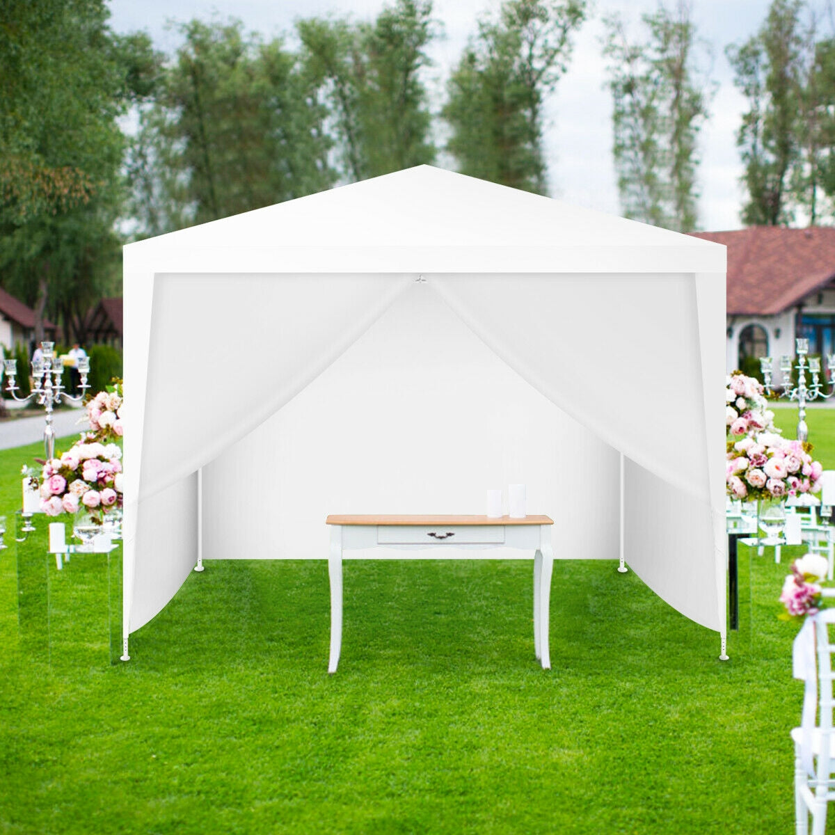 GemGear 10x10 ft outdoor canopy tent with 4 removable sidewalls, white lawn wedding setup on Tampa Home & Garden Store
