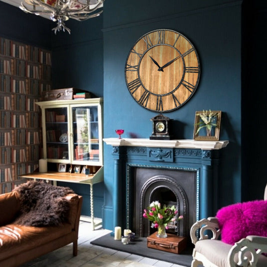 27 Inch Round Wall Clock Decorative Wooden Silent Clock with Battery - Tampa Home & Garden Store