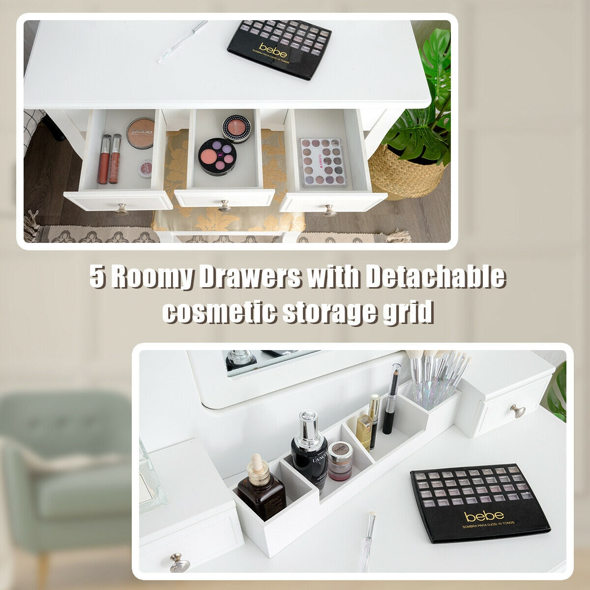 Set de tocador de maquillaje con 5 cajones removibles - Blanco