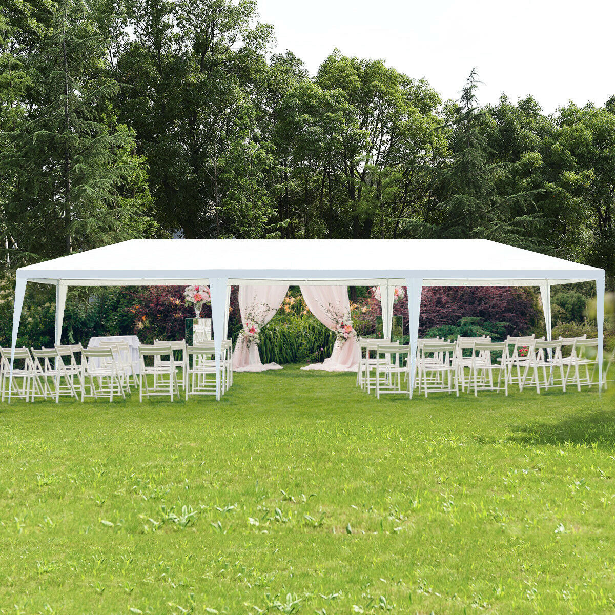 Gazebo canopy 10 x 30 ft GemGear white with stakes and wind ropes, wedding setup on Tampa Home & Garden Store