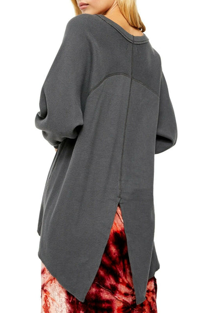 Amelia split-back thermal top gray oversized waffle-knit shirt on Tampa Home & Garden Store