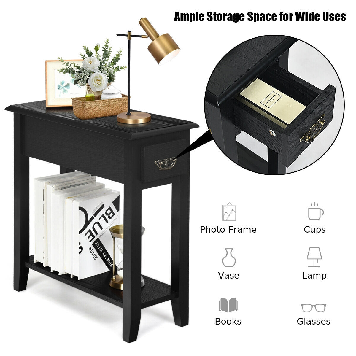 2 Pieces 2 Tier Sofa Side End Table with Drawer and Open Shelf