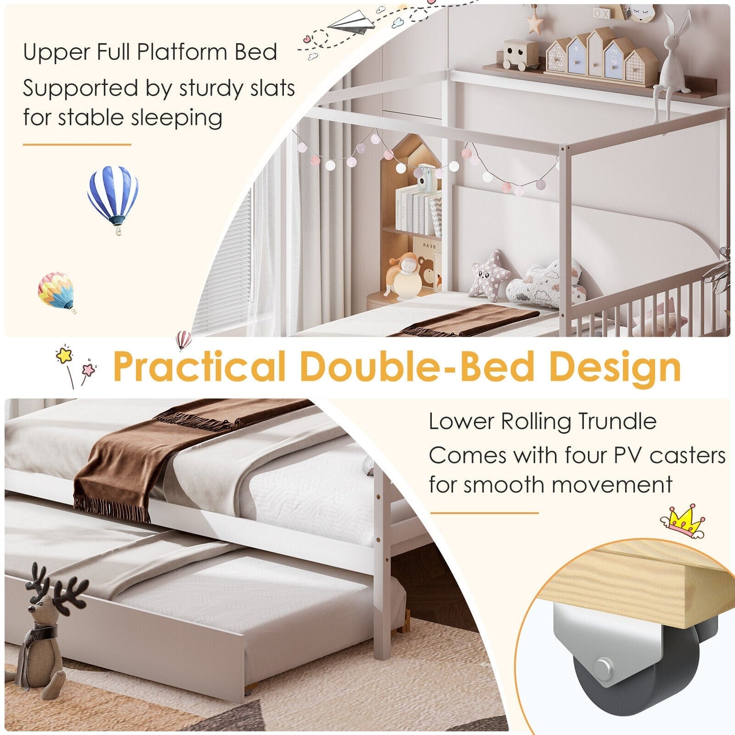 Cama con dosel de tamaño completo con cama nido, plataforma de madera, cabecero - Blanco
