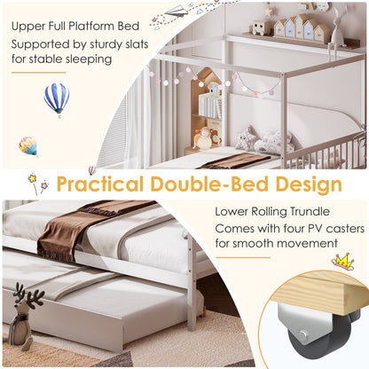 Cama con dosel de tamaño completo con cama nido, plataforma de madera, cabecero - Blanco