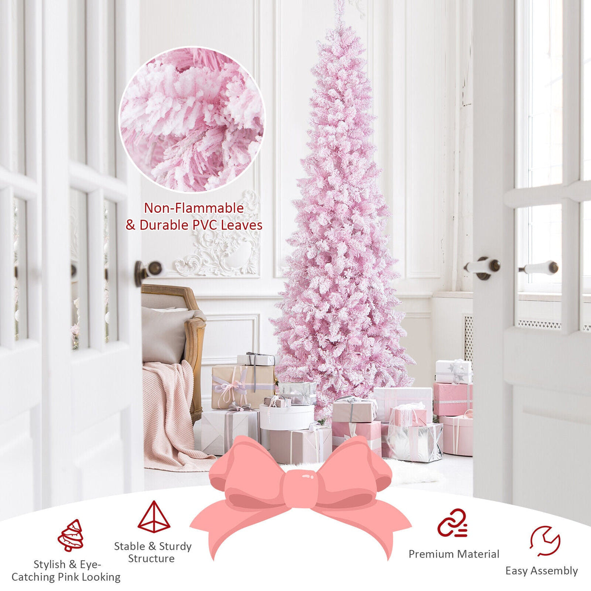 7 Feet Pre-Lit Snow Flocked Hinged Pencil Christmas Tree pink with 300 lights 8 modes DirectDeals on Tampa Home & Garden Store