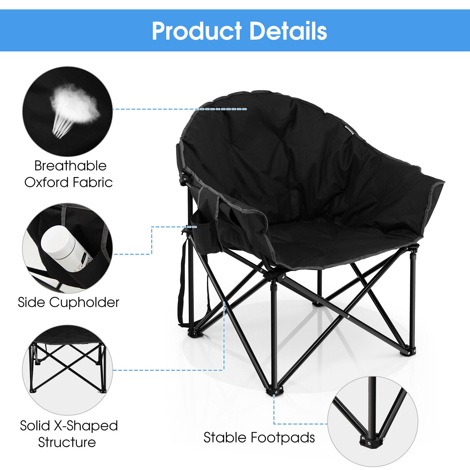 Folding Camping Moon Padded Chair by GemGear in black with Oxford fabric and carrying bag on Tampa Home & Garden Store