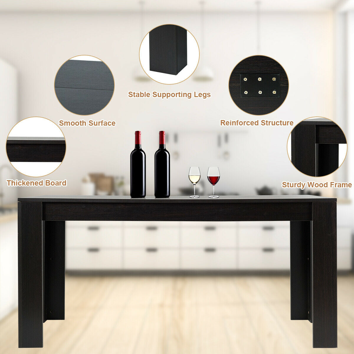 Mesa de comedor/cocina rectangular moderna de 63 pulgadas para 6 personas - Negra