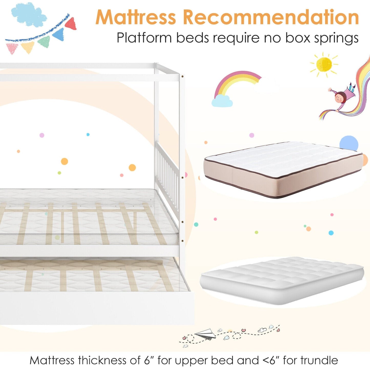 Cama con dosel de tamaño completo con cama nido, plataforma de madera, cabecero - Blanco