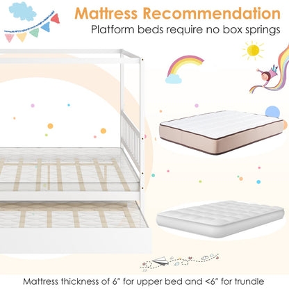 Cama con dosel de tamaño completo con cama nido, plataforma de madera, cabecero - Blanco