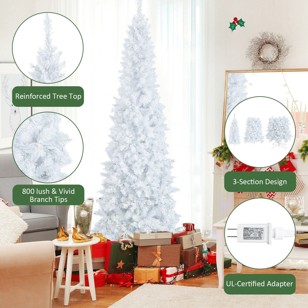 DirectDeals 7ft white pre-lit pencil Christmas tree with 300 LED lights, hinged design on Tampa Home & Garden Store