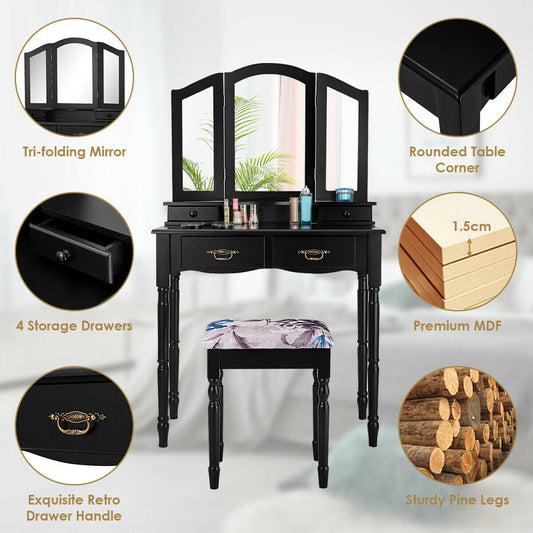 Tocador sencillo con espejo triple plegable, cajones y estante de almacenamiento - Negro
