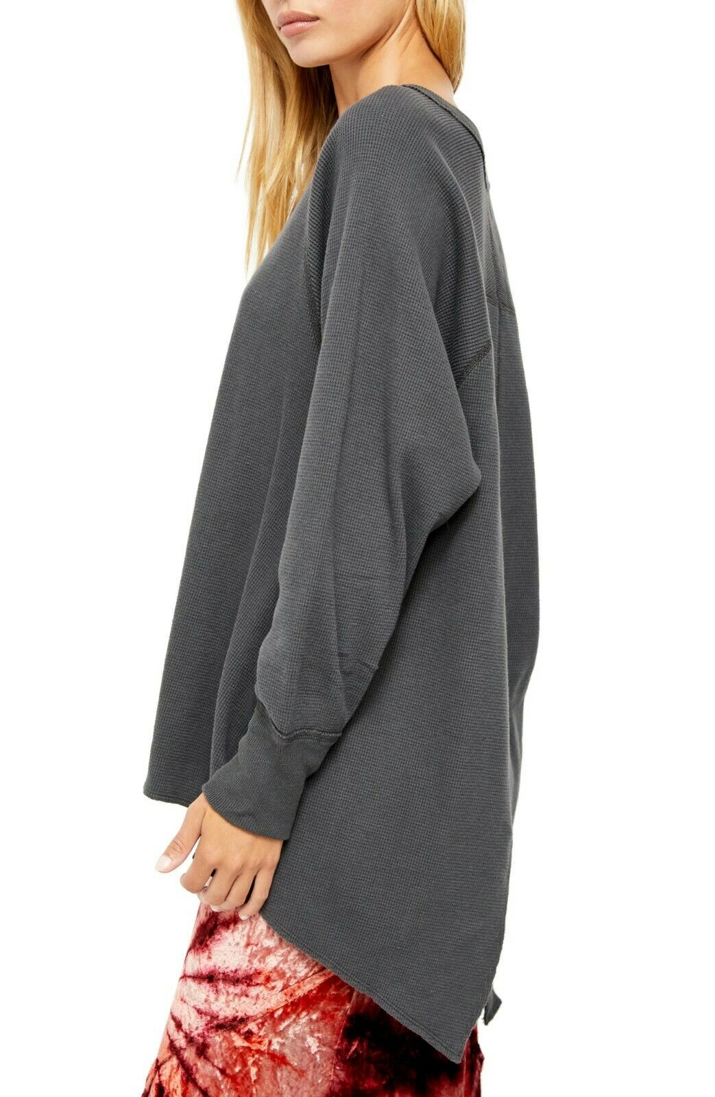 Amelia split-back thermal top in dark gray waffle knit, oversized long-sleeve shirt on Tampa Home & Garden Store