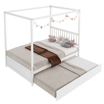 Cama con dosel de tamaño completo con cama nido, plataforma de madera, cabecero - Blanco