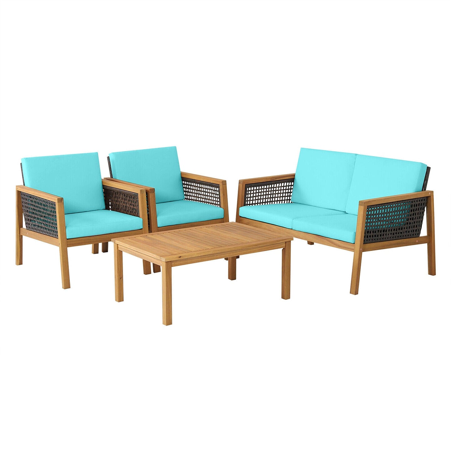 Juego de muebles de patio de ratán de 4 piezas con cojines extraíbles - Rojo