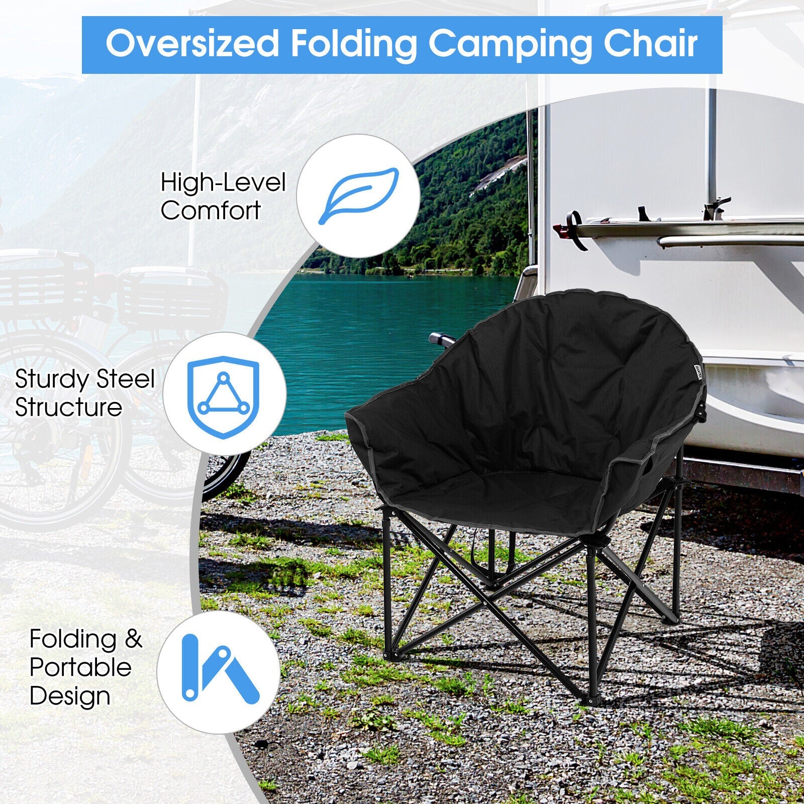 GemGear folding camping moon padded chair with carrying bag, black fabric, steel frame on Tampa Home & Garden Store