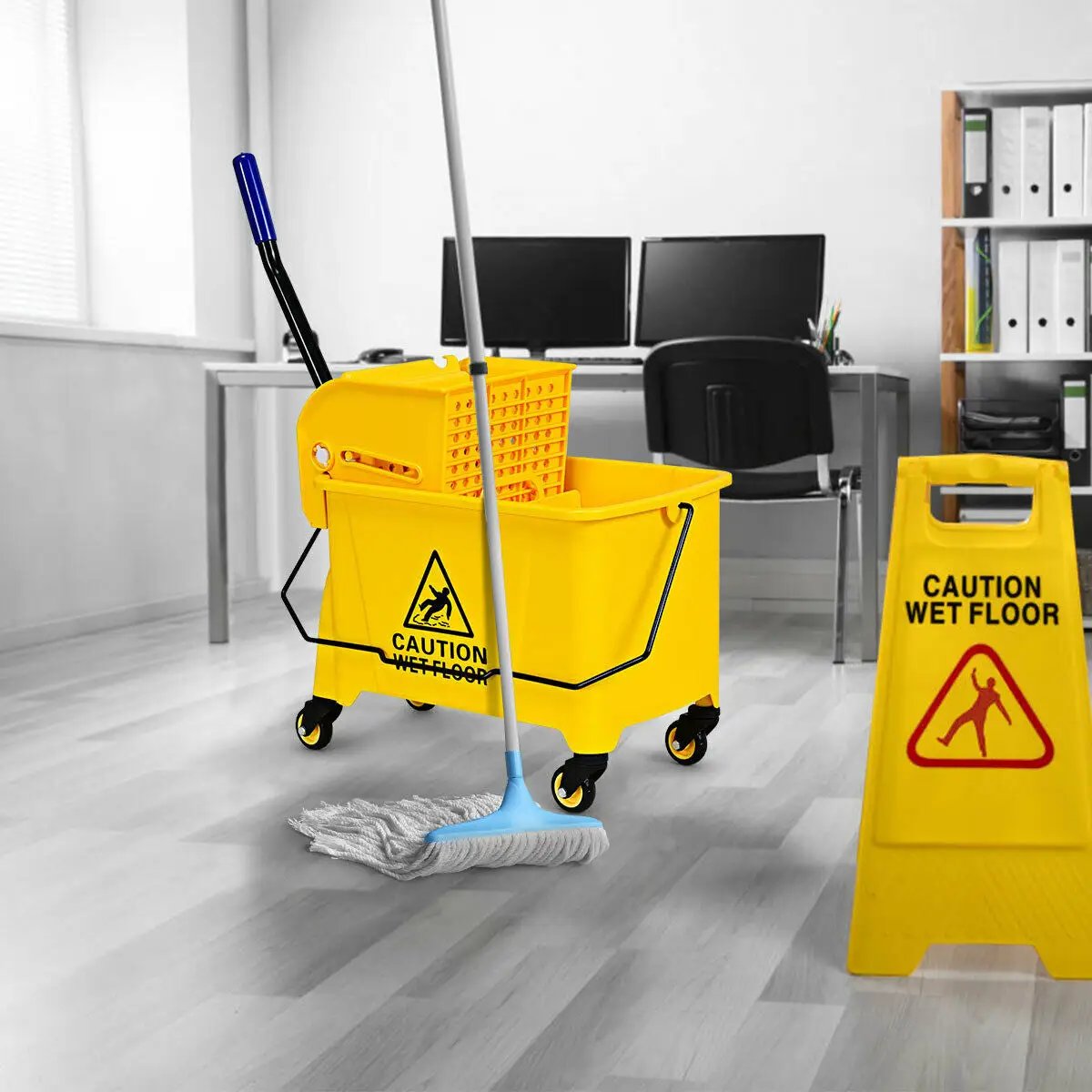 Mop Bucket with Panel Side Press Wringer on Wheels