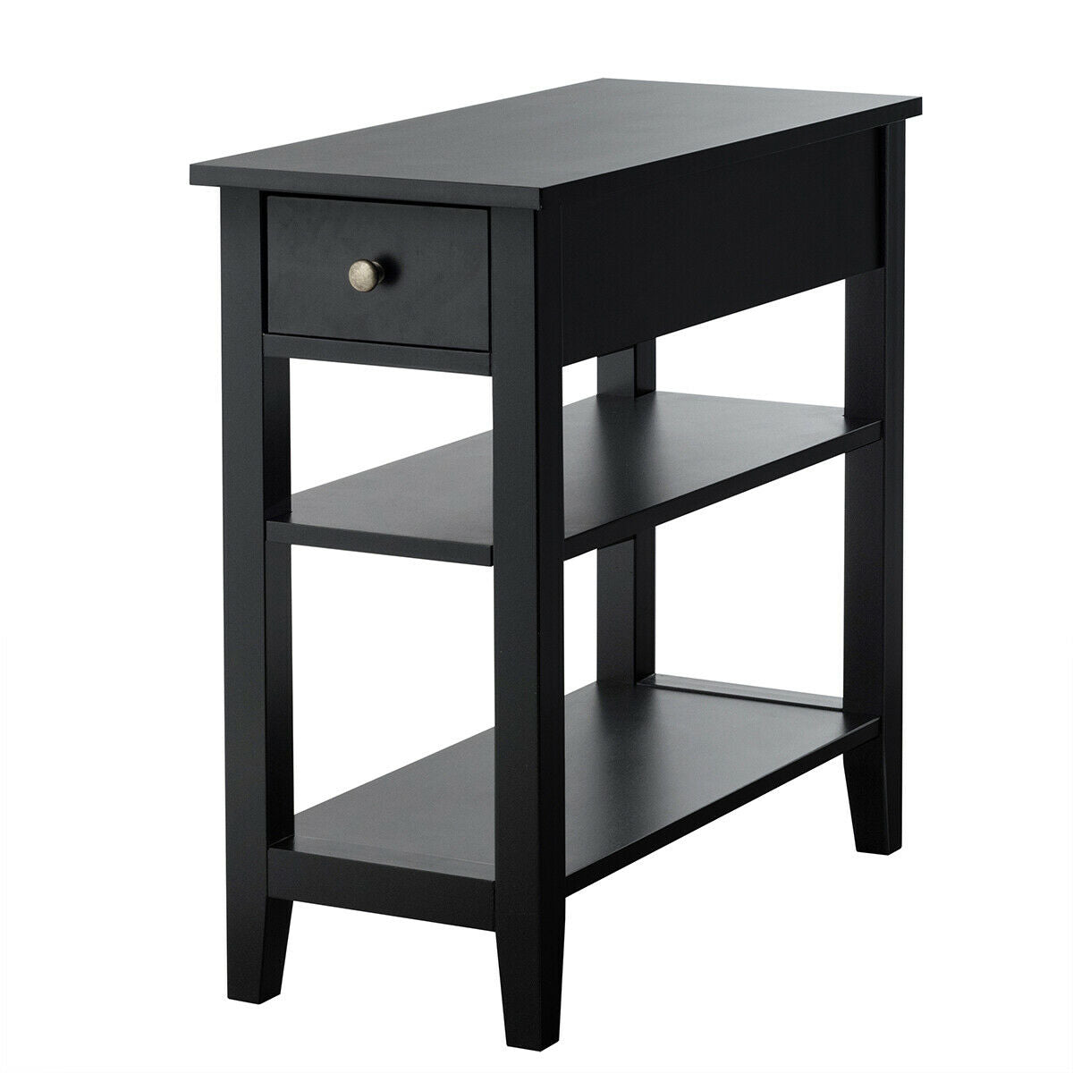 3-Tier Nightstand Bedside Table Sofa Side with Double Shelves Drawer-White