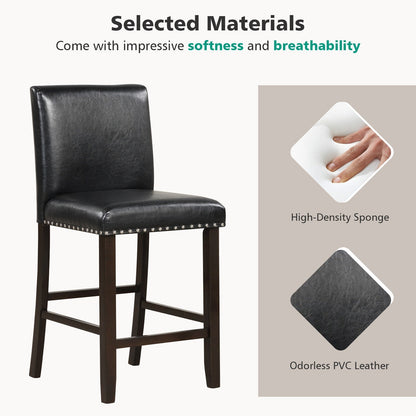 Bar stool with back in black faux leather upholstery and nailhead trim on dark wood legs on Tampa Home & Garden Store