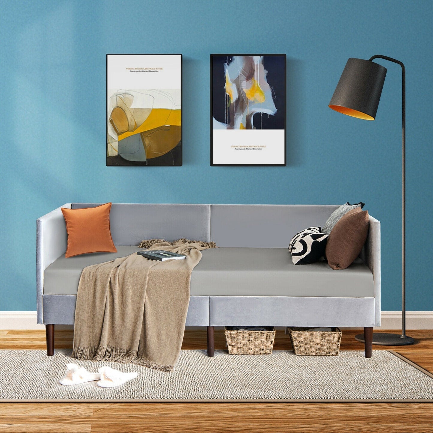 Base de cama individual con estructura de listones de madera resistente, color gris