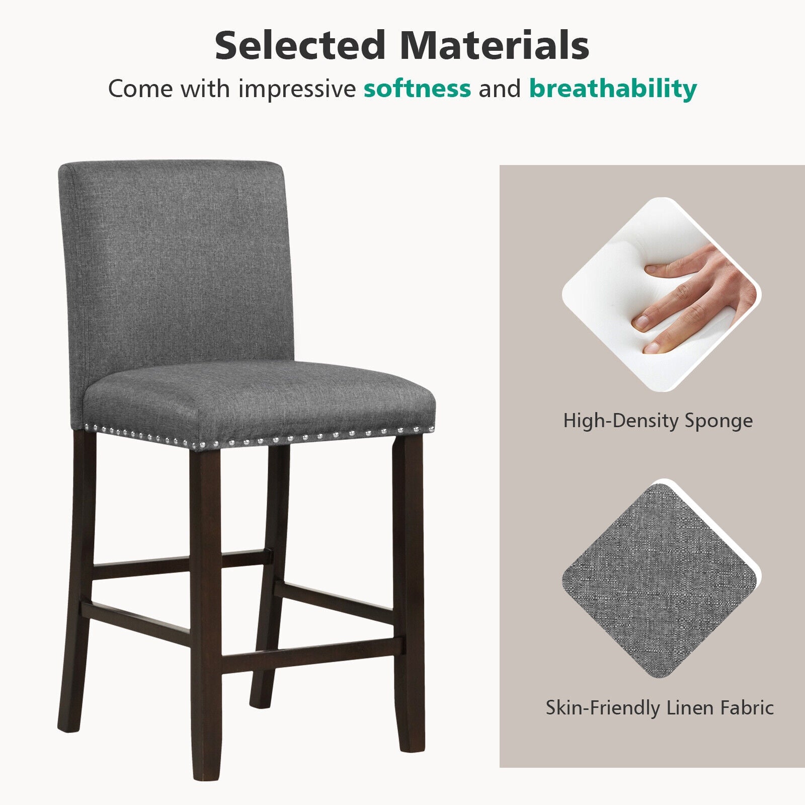 Linen fabric bar stool with back, gray upholstery and dark wood legs on Tampa Home & Garden Store
