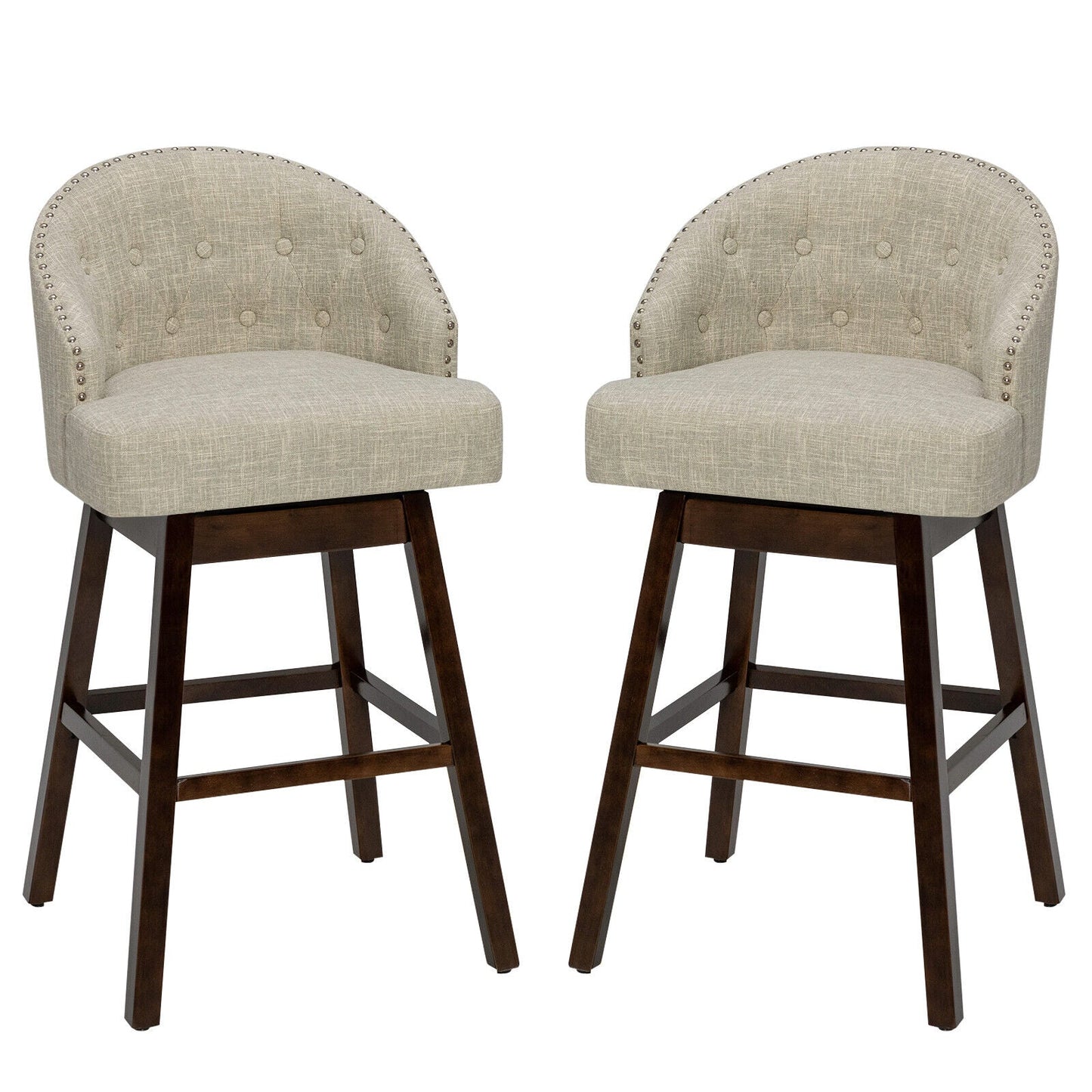 Juego de 2 taburetes giratorios para barra con patas de madera de caucho y respaldo acolchado - Beige