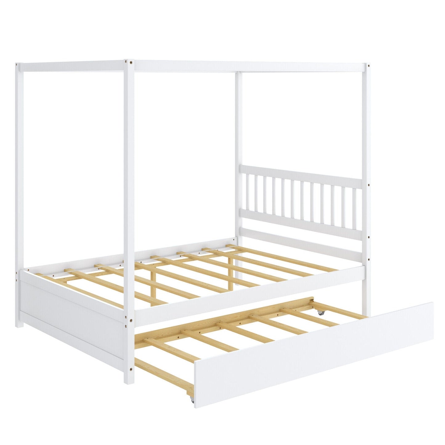 Cama con dosel de tamaño completo con cama nido, plataforma de madera, cabecero - Blanco