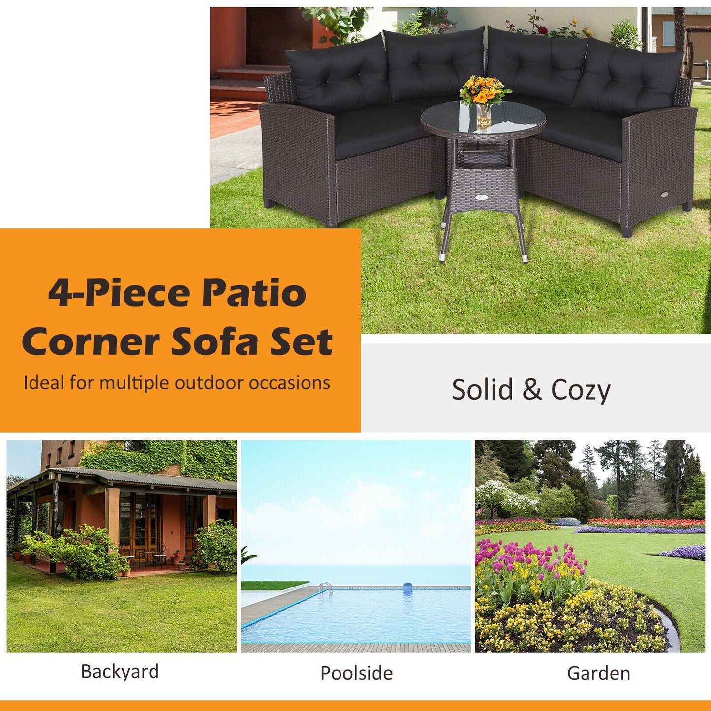 4 Pieces Patio Rattan Furniture Set Cushioned Sofa Glass Table - Tampa Home & Garden Store