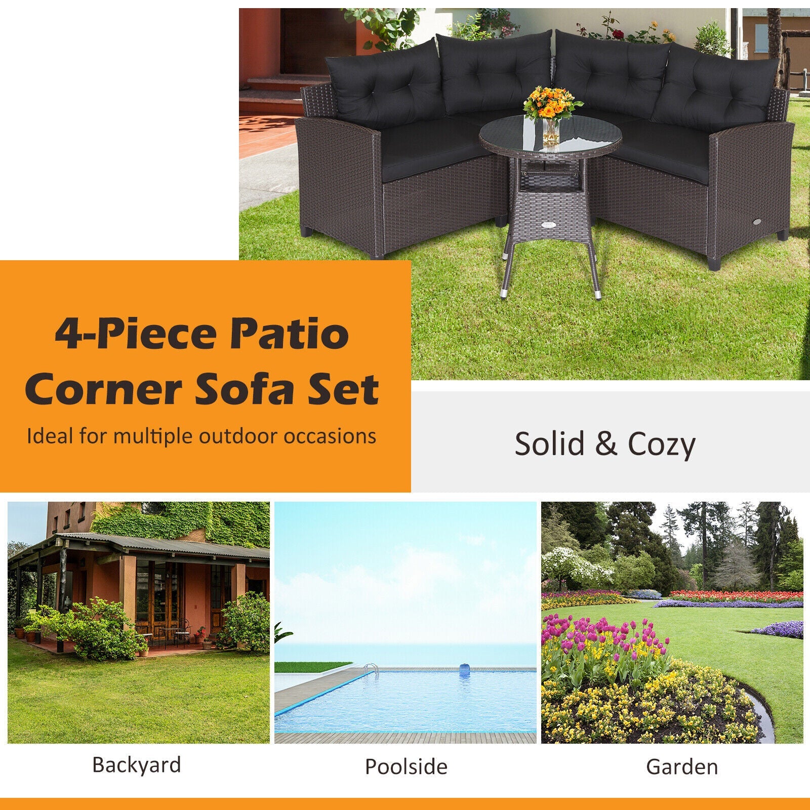 4 Pieces Patio Rattan Furniture Set Cushioned Sofa Glass Table - Tampa Home & Garden Store