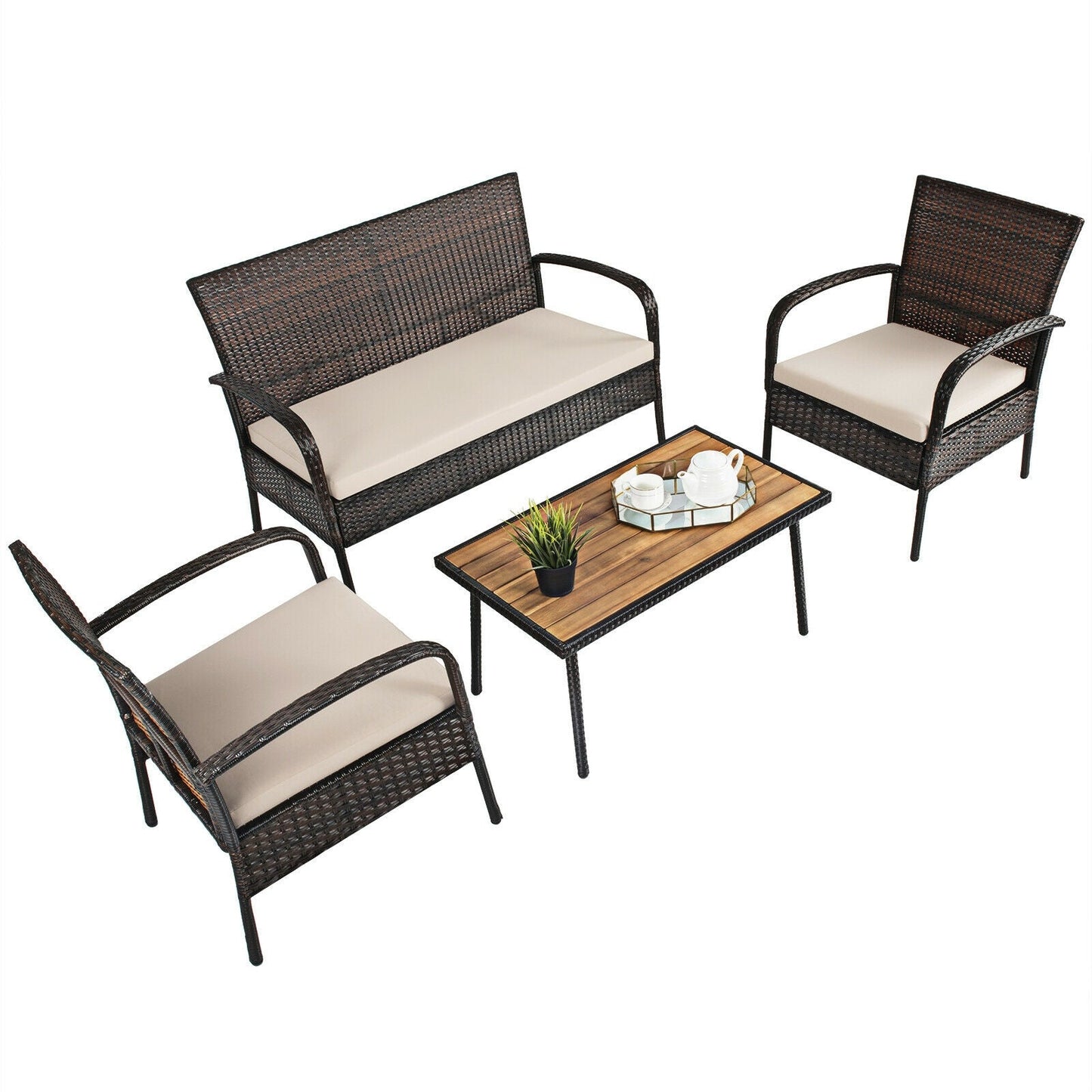 Juego de conversación de mimbre acolchado de 4 piezas para patio con tablero de mesa de madera de acacia