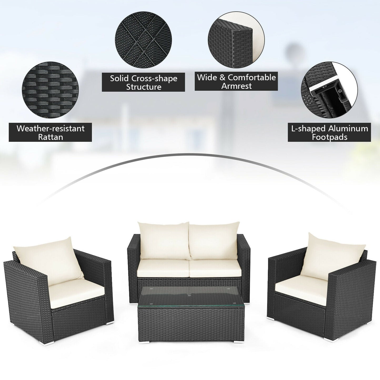 Juego de conversación de ratán para patio de 4 piezas con cojín acolchado y mesa de centro de vidrio templado - Blanco