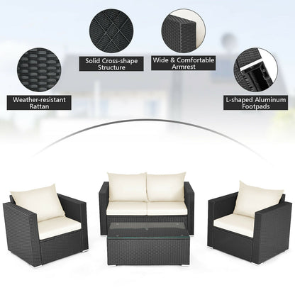 Juego de conversación de ratán para patio de 4 piezas con cojín acolchado y mesa de centro de vidrio templado - Blanco