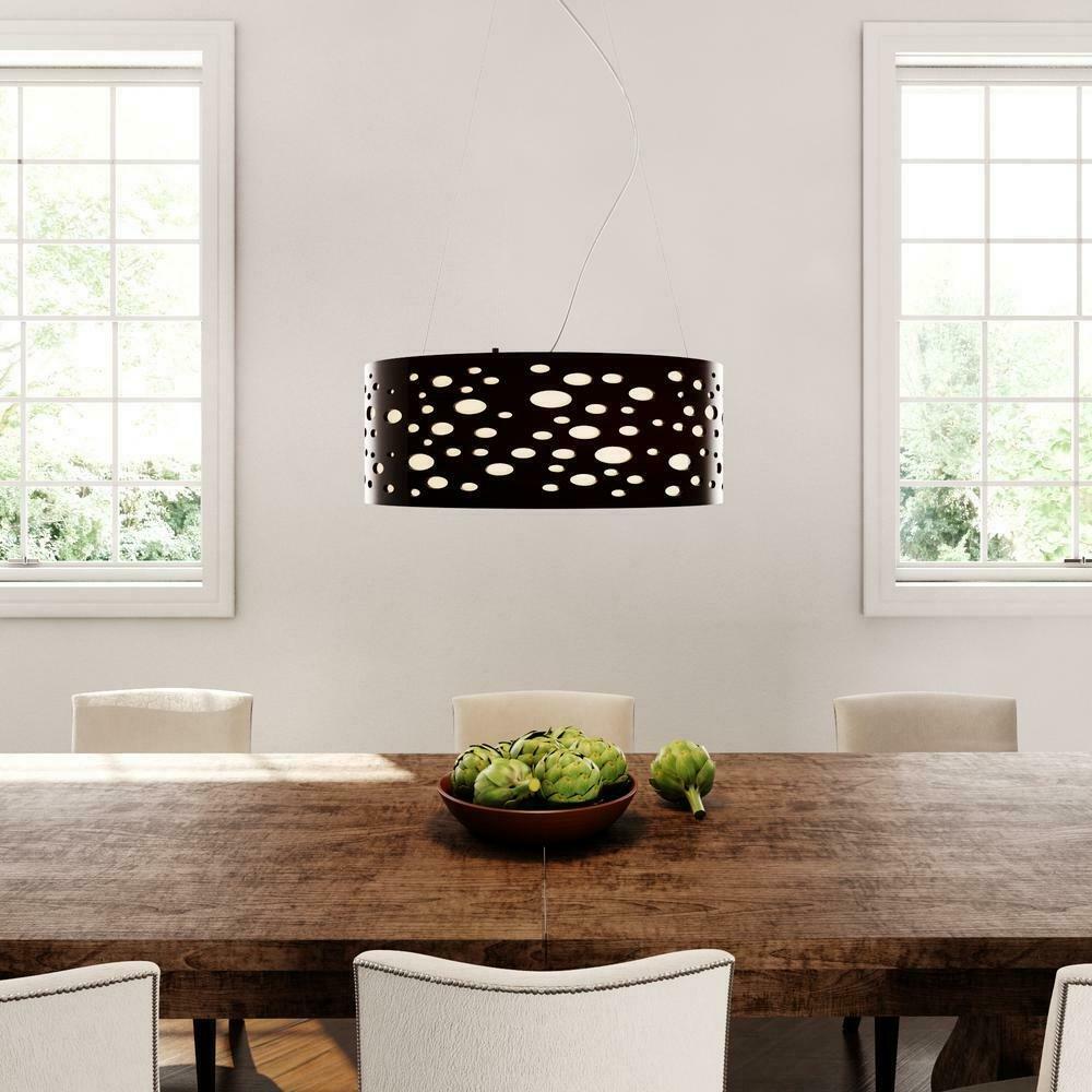 Hampton Bay Mokala 3-Light Mahogany Drum Pendant by Vanessa Jane, black shade over a table on Tampa Home & Garden Store