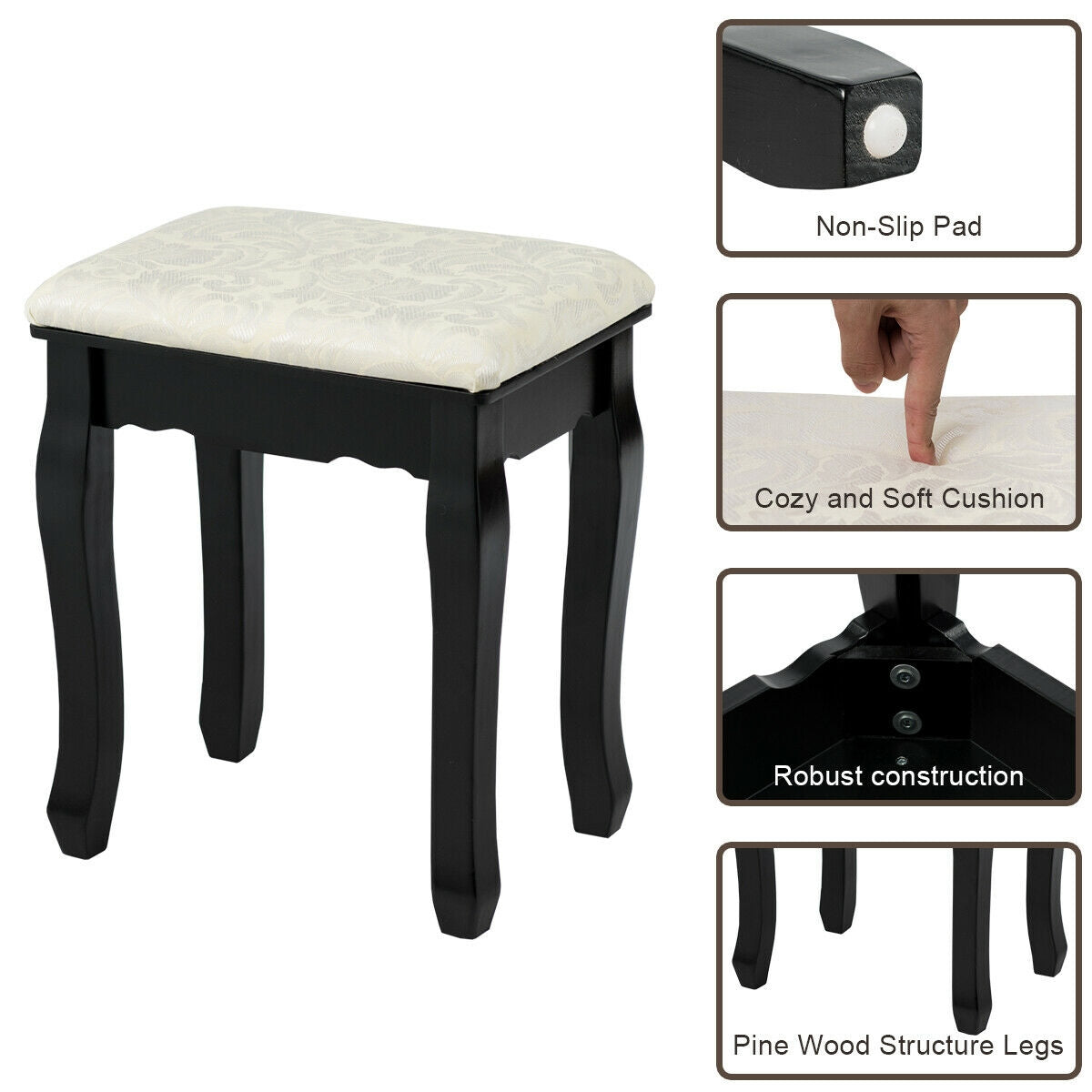 Juego de Tocador con Espejo Iluminado de 3 Cajones y Taburete - Negro