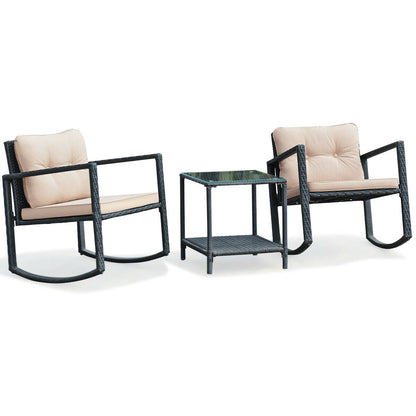 3 Pcs Wicker Rocking Bistro Set with Glass Coffee Table and Storage Shelf-Beige