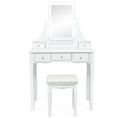 10 Dimmable Light Bulbs Vanity Dressing Table with 2 Dividers and Cushioned Stool-Black