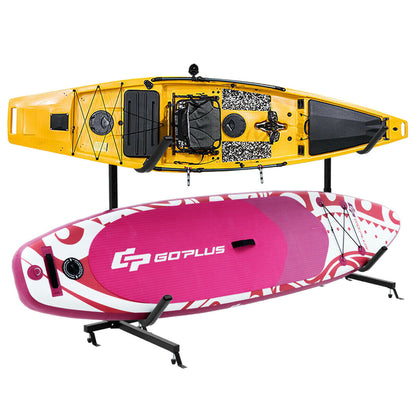 Dual kayak storage rack freestanding height adjustable holds yellow kayak on Tampa Home & Garden Store