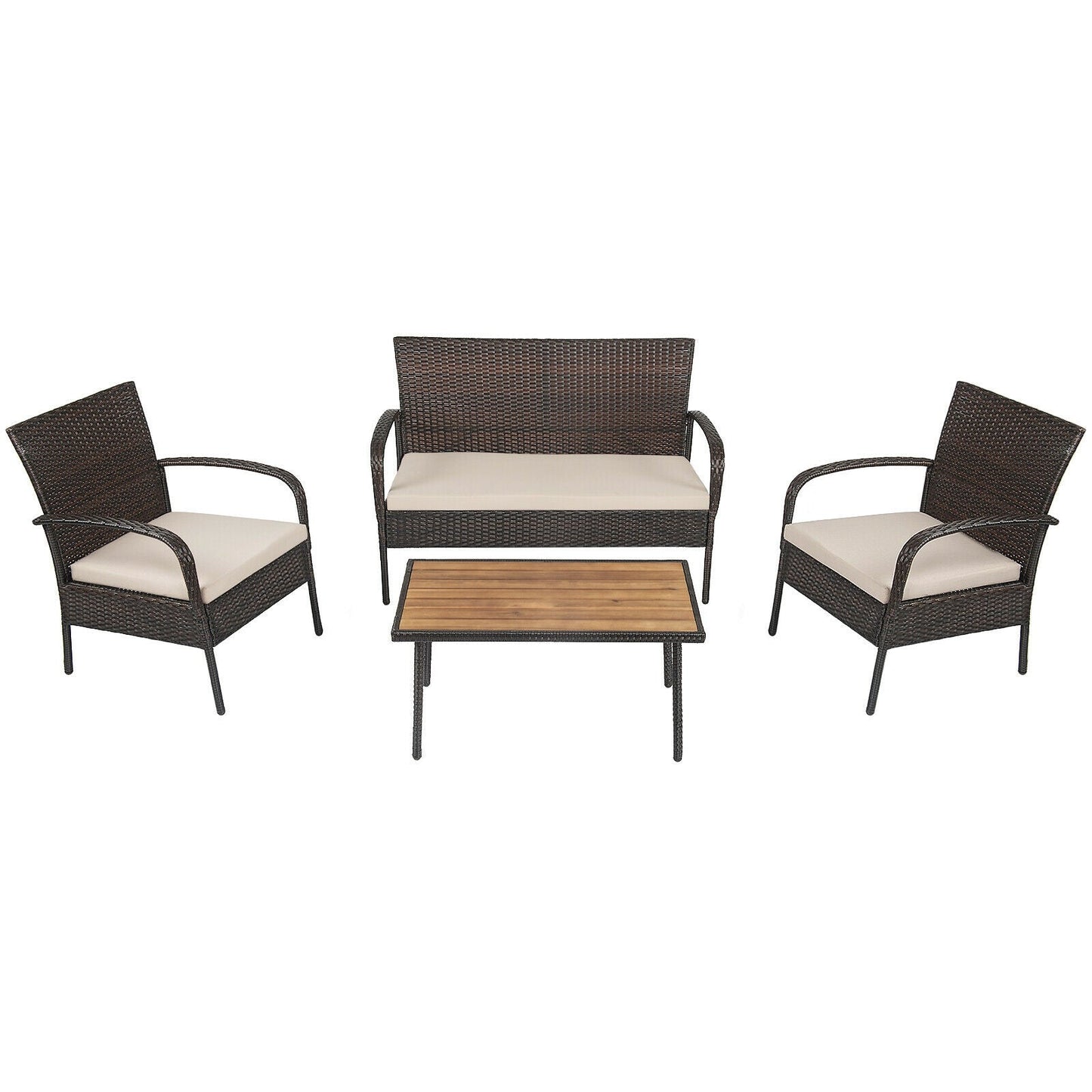 Juego de conversación de mimbre acolchado de 4 piezas para patio con tablero de mesa de madera de acacia