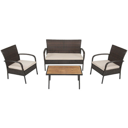 Juego de conversación de mimbre acolchado de 4 piezas para patio con tablero de mesa de madera de acacia