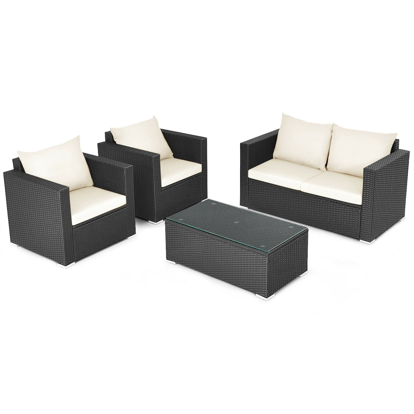 Juego de conversación de ratán para patio de 4 piezas con cojín acolchado y mesa de centro de vidrio templado - Blanco