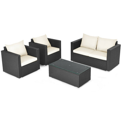 Juego de conversación de ratán para patio de 4 piezas con cojín acolchado y mesa de centro de vidrio templado - Blanco