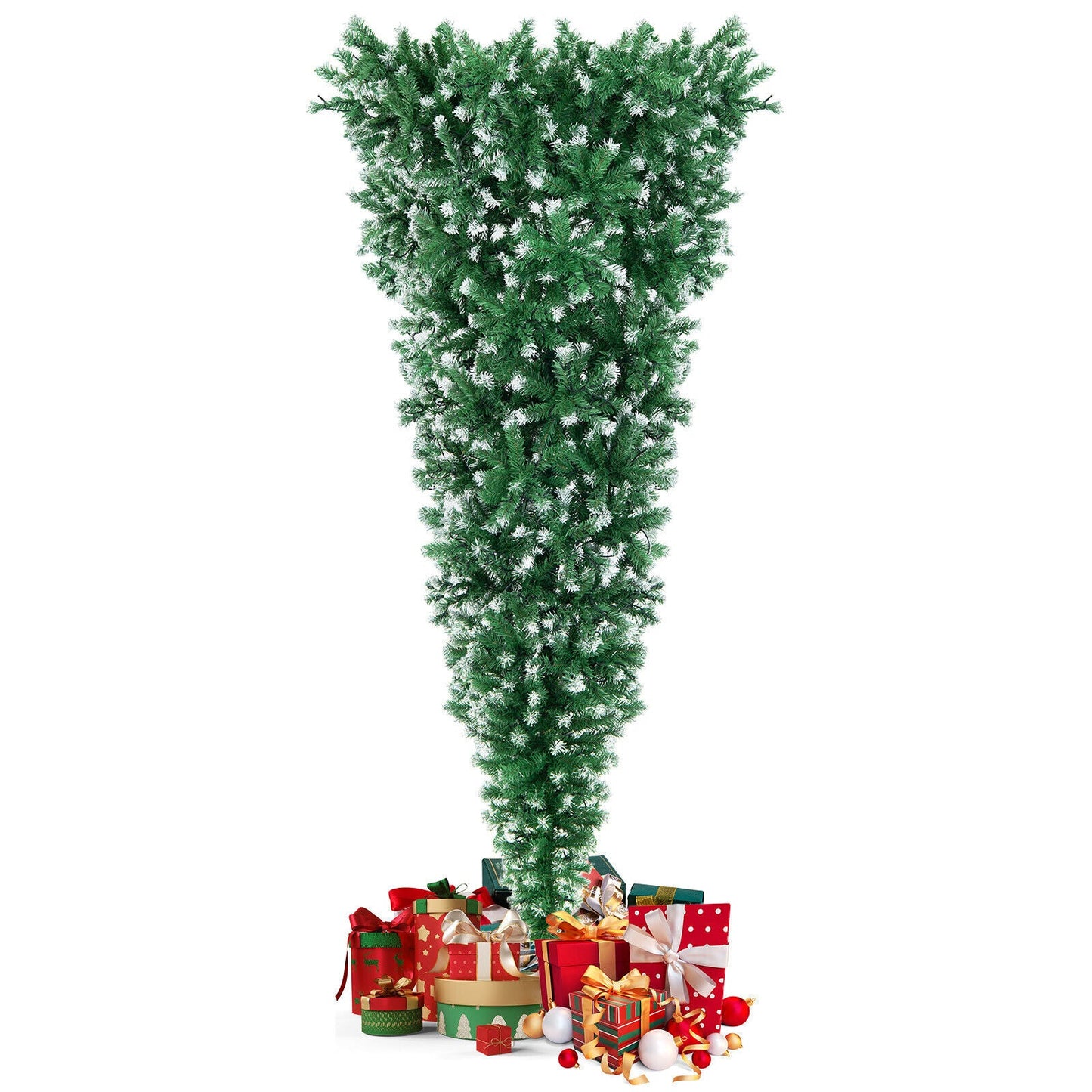 Árbol de Navidad nevado boca abajo preiluminado de 7.5 pies, 1100 puntas