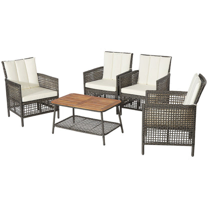 Juego de muebles de patio de ratán de 5 piezas con cojines, sofá y mesa auxiliar de madera - Blanco roto