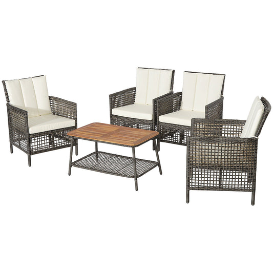 5 Pieces Patio Rattan Furniture Set Cushioned Sofa Armrest Wooden Tabletop-Off White - Tampa Home & Garden Store