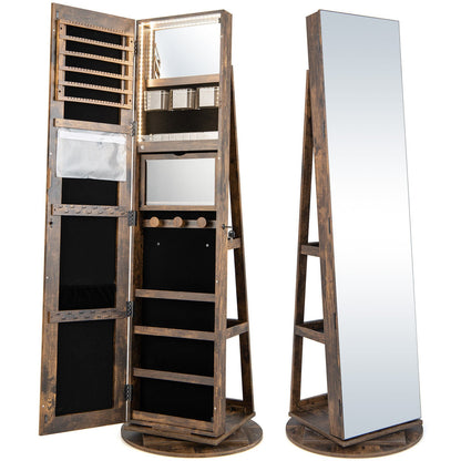 360° Rotating Mirrored Jewelry Cabinet Armoire 3 Color LED Modes Lockable-Dark Brown